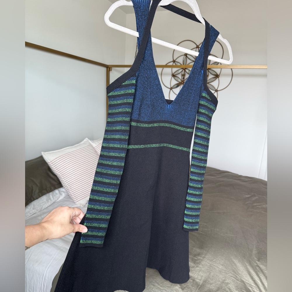 Opening Ceremony Ribbed Knit Dress Womens S Green Black Long Sleeve Fit & Flare - Picture 2 of 10